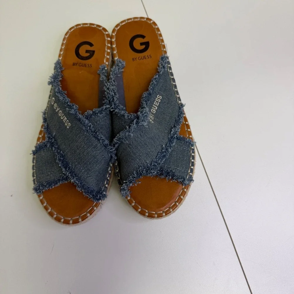 G by GUESS Blue Denim Frayed Espadrille Platform Slide Sandals Womens 8 Y2K